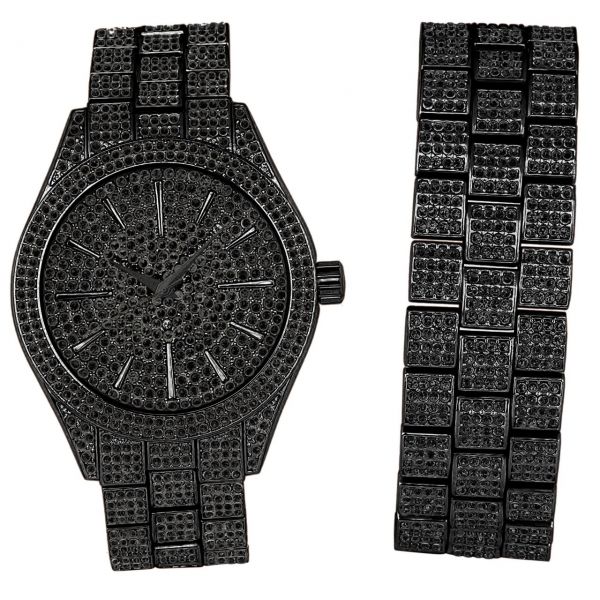 Full Iced Out Bling Montre Bracelet Set - noir